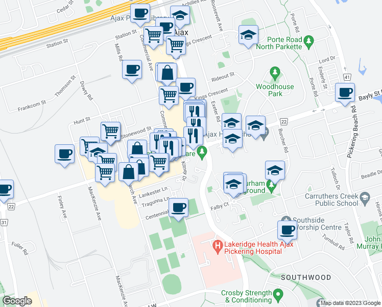 map of restaurants, bars, coffee shops, grocery stores, and more near 67 Bayly Street West in Ajax