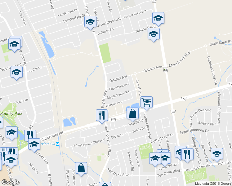 map of restaurants, bars, coffee shops, grocery stores, and more near 84 Maple Valley Road in Vaughan