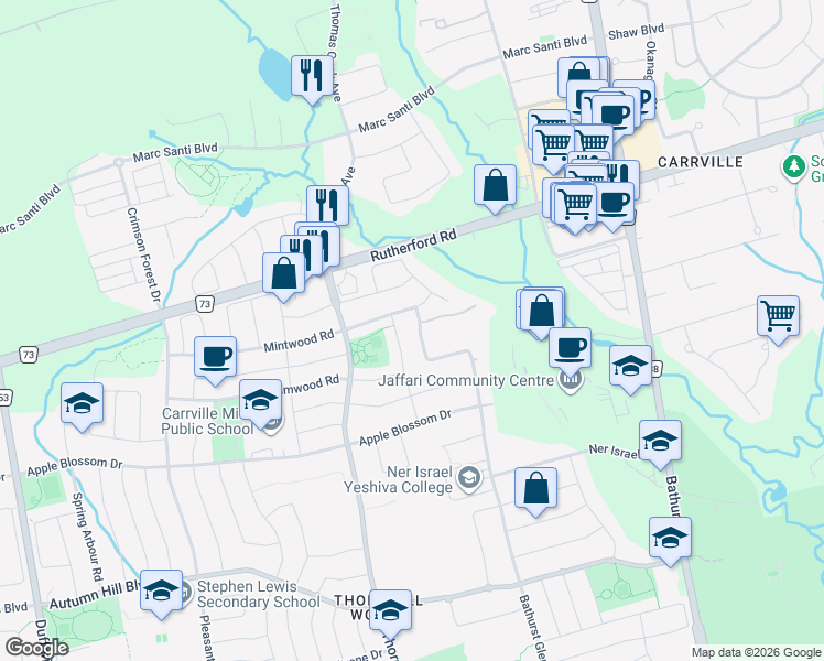 map of restaurants, bars, coffee shops, grocery stores, and more near 18 Hesperus Road in Vaughan