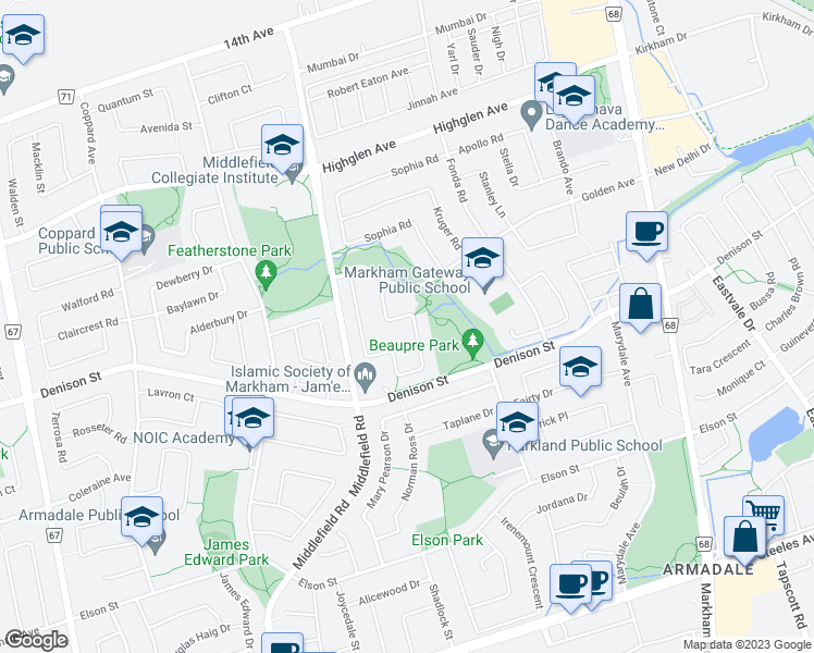 map of restaurants, bars, coffee shops, grocery stores, and more near 239 Doubtfire Crescent in Markham