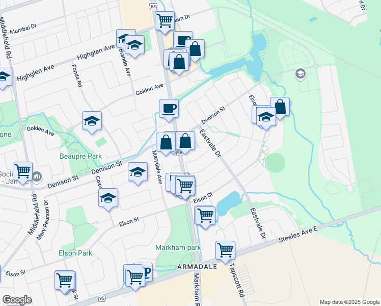 map of restaurants, bars, coffee shops, grocery stores, and more near 15 Jackson Eli Way in Markham