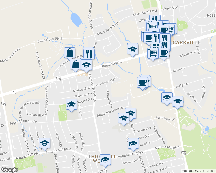 map of restaurants, bars, coffee shops, grocery stores, and more near 95 Dewpoint Road in Vaughan