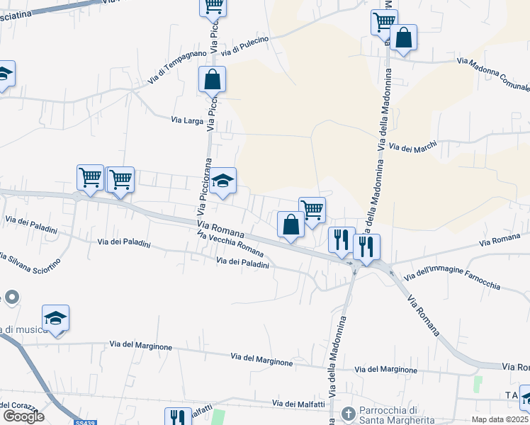 map of restaurants, bars, coffee shops, grocery stores, and more near 291/D Via Fonda in Lucca