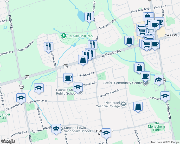map of restaurants, bars, coffee shops, grocery stores, and more near 24 Mintwood Road in Vaughan