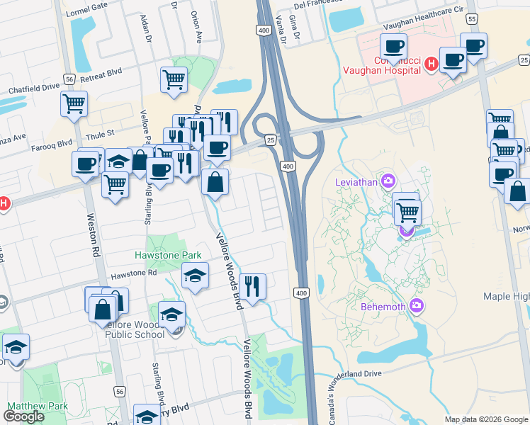 map of restaurants, bars, coffee shops, grocery stores, and more near 41 Brunet Drive in Vaughan
