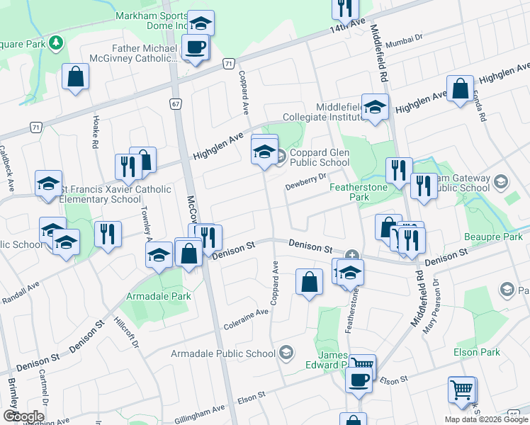 map of restaurants, bars, coffee shops, grocery stores, and more near 104 Coppard Avenue in Markham