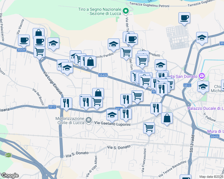 map of restaurants, bars, coffee shops, grocery stores, and more near 124 Via Francesco Ferraris in Lucca
