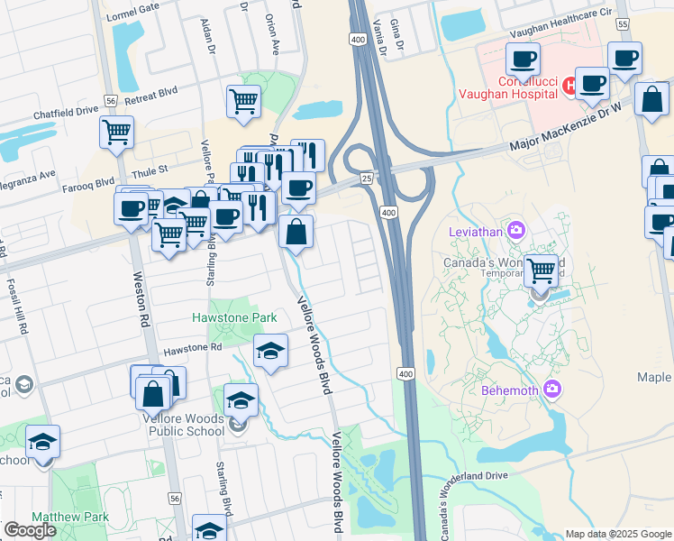 map of restaurants, bars, coffee shops, grocery stores, and more near 80 Timberwolf Crescent in Vaughan