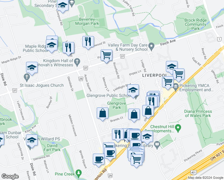 map of restaurants, bars, coffee shops, grocery stores, and more near 1420 Fieldlight Boulevard in Pickering