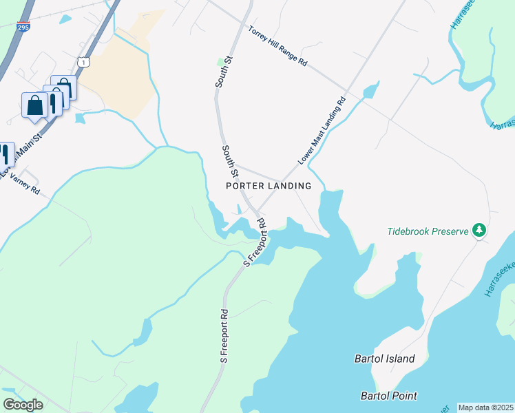 map of restaurants, bars, coffee shops, grocery stores, and more near 4 Porters Landing Road in Freeport