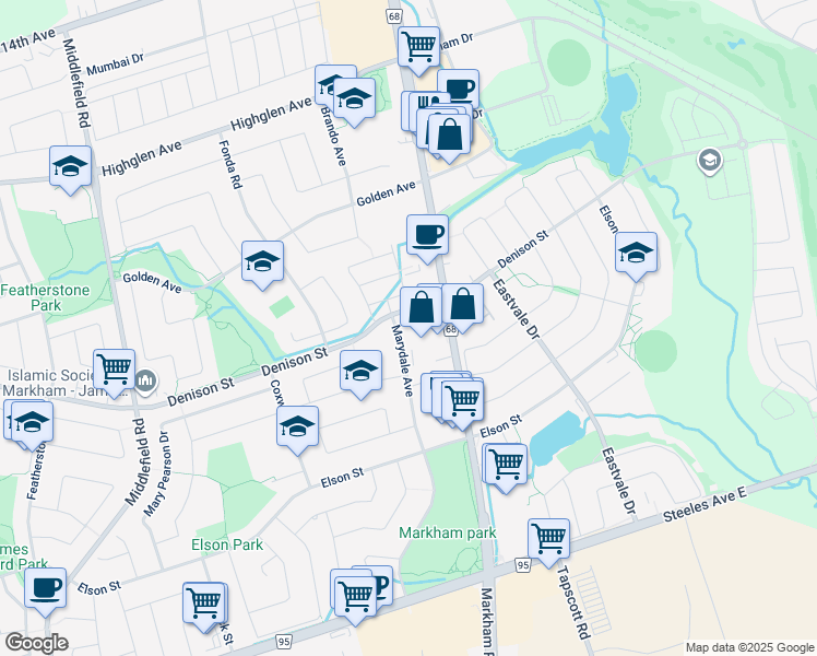 map of restaurants, bars, coffee shops, grocery stores, and more near 7200 Markham Road in Markham