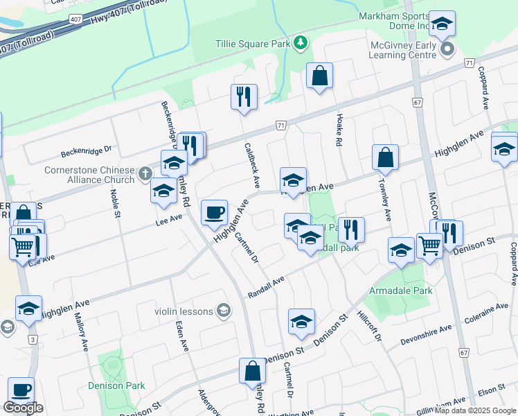 map of restaurants, bars, coffee shops, grocery stores, and more near in Markham