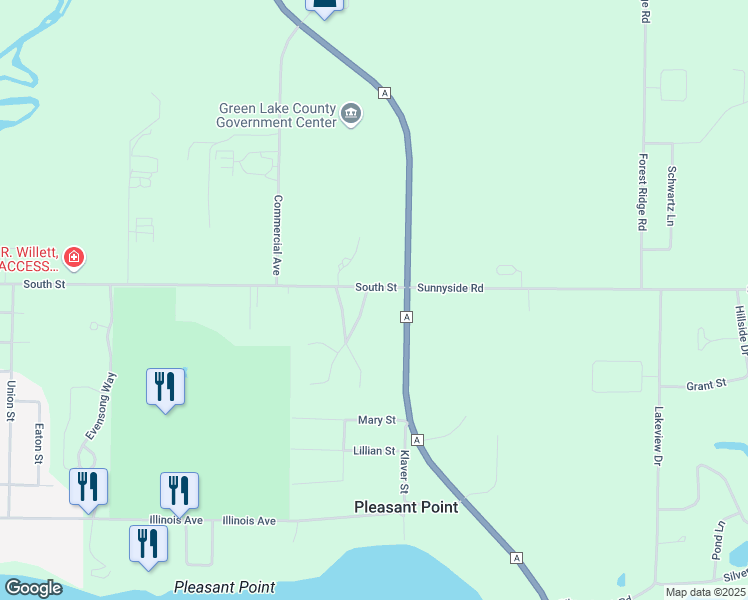 map of restaurants, bars, coffee shops, grocery stores, and more near 494 Meadowlark Lane West in Green Lake