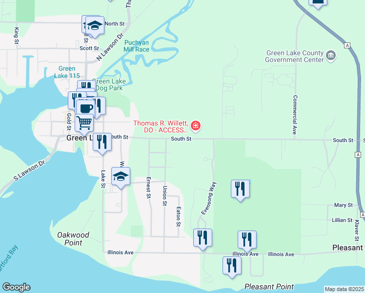 map of restaurants, bars, coffee shops, grocery stores, and more near 609 South Street in Green Lake