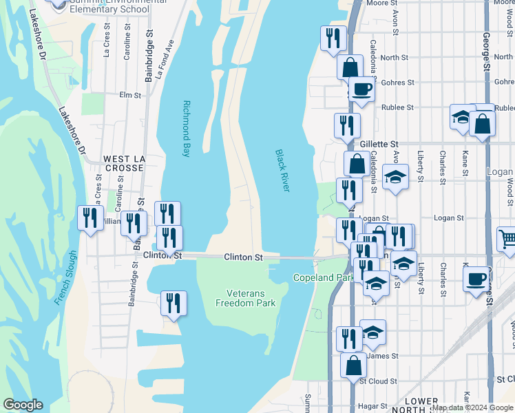 map of restaurants, bars, coffee shops, grocery stores, and more near 1352 Nakomis Avenue in La Crosse