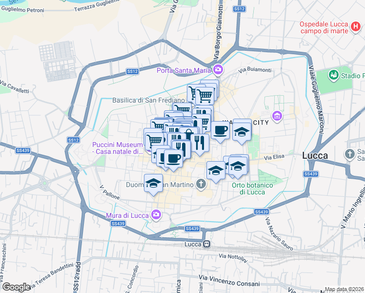 map of restaurants, bars, coffee shops, grocery stores, and more near 23 Via Santa Croce in Lucca