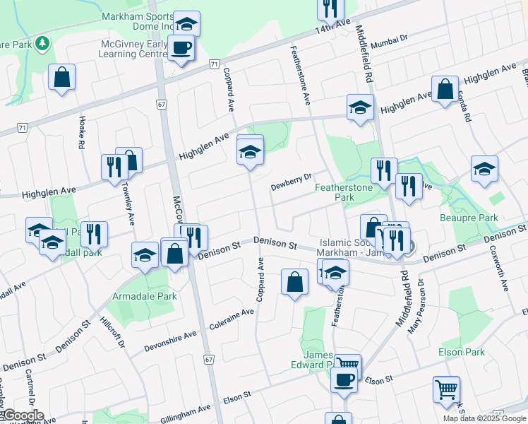 map of restaurants, bars, coffee shops, grocery stores, and more near 3 Baylawn Drive in Markham
