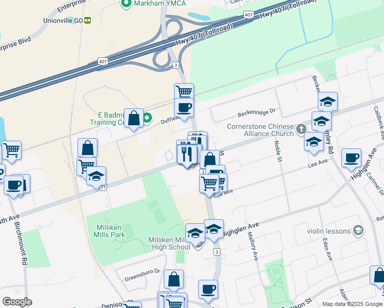 map of restaurants, bars, coffee shops, grocery stores, and more near 7768 Kennedy Road in Markham