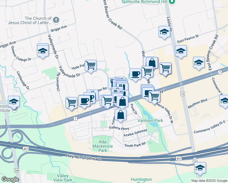 map of restaurants, bars, coffee shops, grocery stores, and more near 420 Highway 7 in Richmond Hill