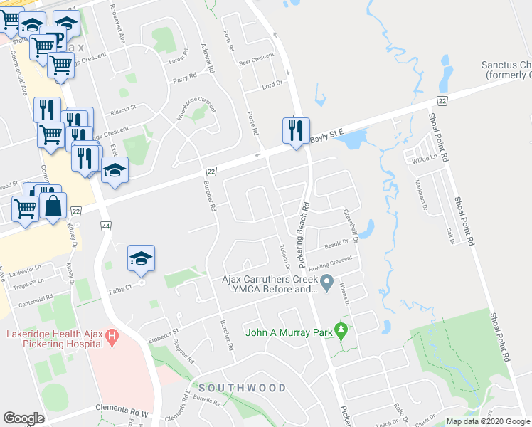 map of restaurants, bars, coffee shops, grocery stores, and more near 4 Thorncroft Crescent in Ajax