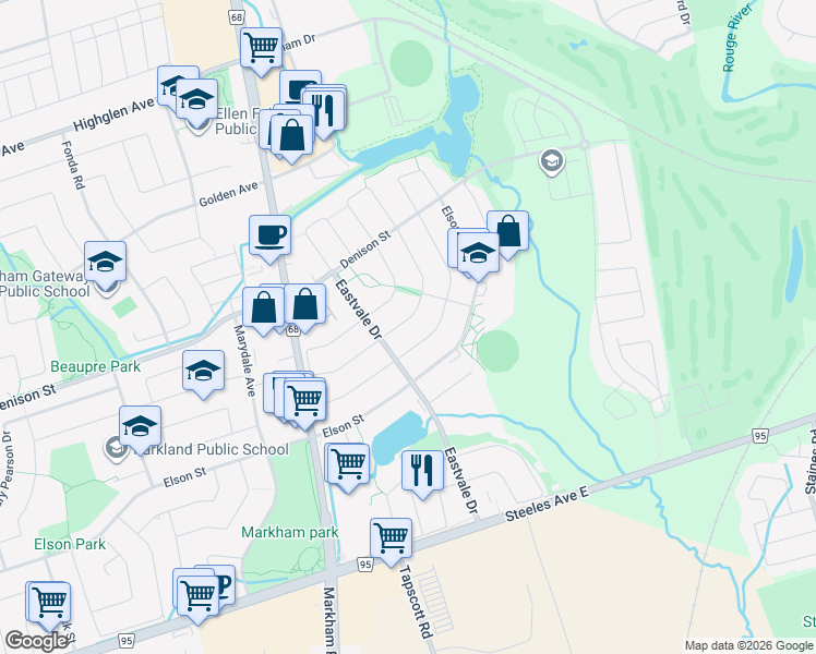 map of restaurants, bars, coffee shops, grocery stores, and more near 15 Charles Brown Road in Markham