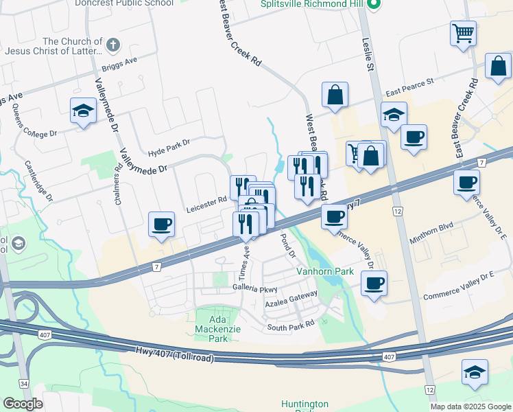 map of restaurants, bars, coffee shops, grocery stores, and more near 420 Highway 7 in Richmond Hill