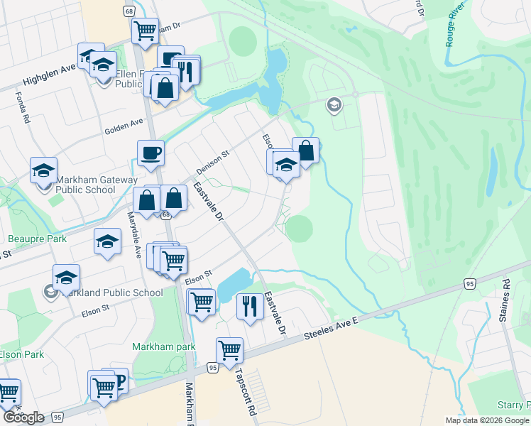 map of restaurants, bars, coffee shops, grocery stores, and more near 41 Guinevere Road in Markham