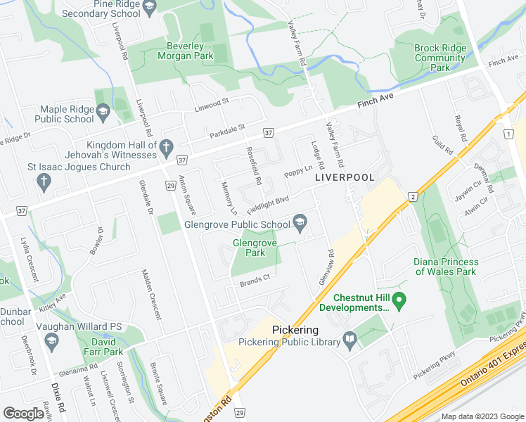 map of restaurants, bars, coffee shops, grocery stores, and more near 1415 Fieldlight Boulevard in Pickering