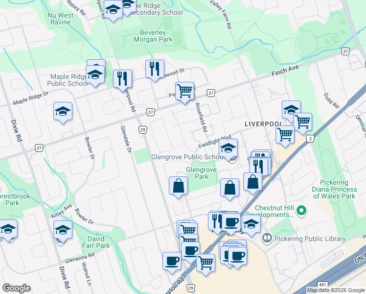 map of restaurants, bars, coffee shops, grocery stores, and more near 1932 Memory Lane in Pickering