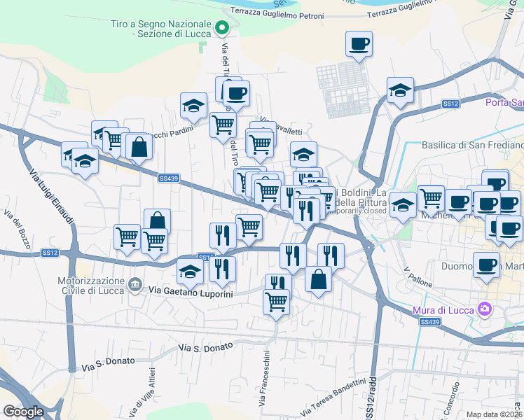 map of restaurants, bars, coffee shops, grocery stores, and more near 19 Viale G. Puccini in Lucca