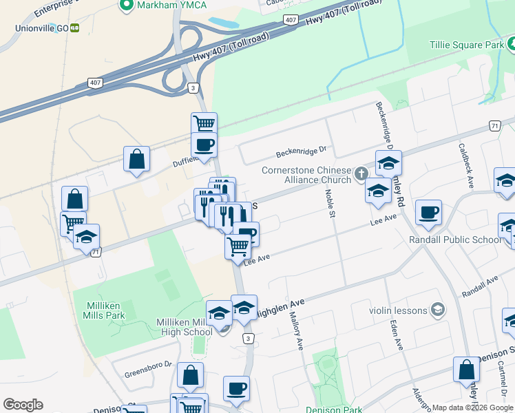 map of restaurants, bars, coffee shops, grocery stores, and more near 4555 14th Avenue in Markham