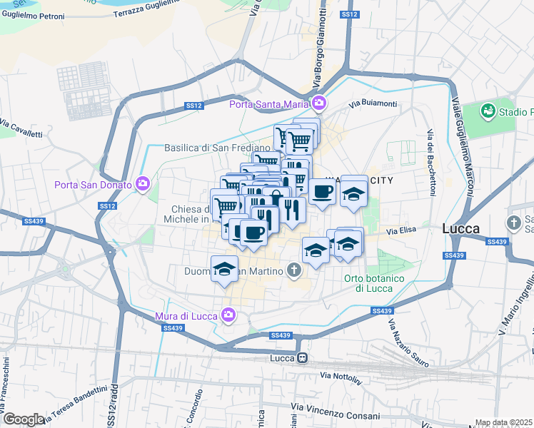 map of restaurants, bars, coffee shops, grocery stores, and more near 23 Via Santa Croce in Lucca