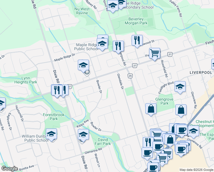 map of restaurants, bars, coffee shops, grocery stores, and more near in Pickering