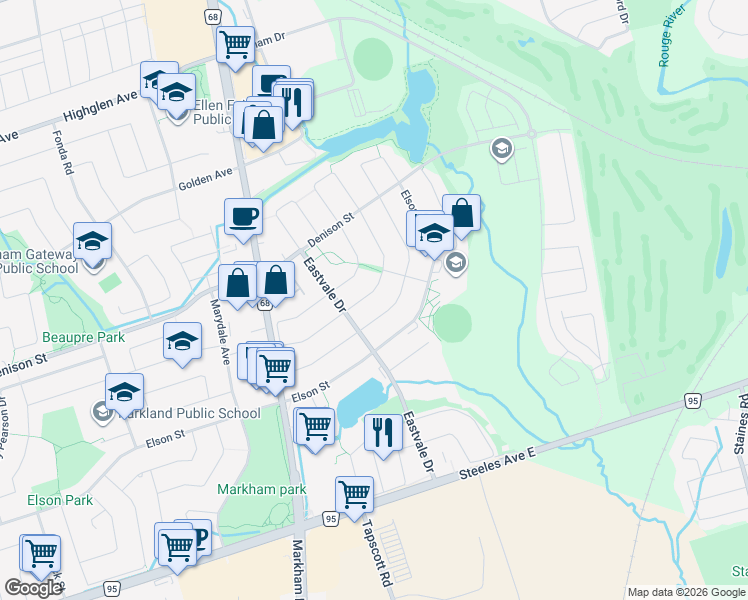 map of restaurants, bars, coffee shops, grocery stores, and more near 15 Charles Brown Road in Markham