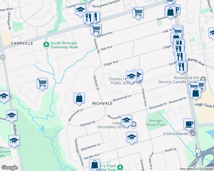 map of restaurants, bars, coffee shops, grocery stores, and more near 16 Orlon Crescent in Richmond Hill