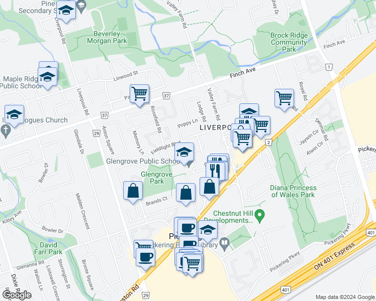 map of restaurants, bars, coffee shops, grocery stores, and more near 1887 Rosefield Road in Pickering