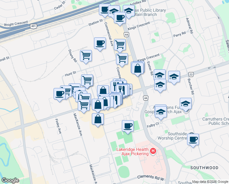 map of restaurants, bars, coffee shops, grocery stores, and more near 6 Lawrencetown Street in Ajax