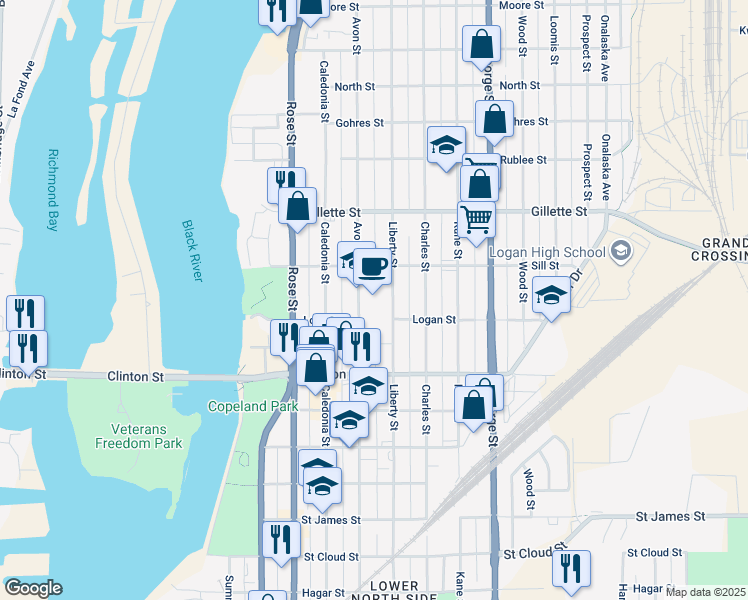 map of restaurants, bars, coffee shops, grocery stores, and more near 1450 Avon Street in La Crosse