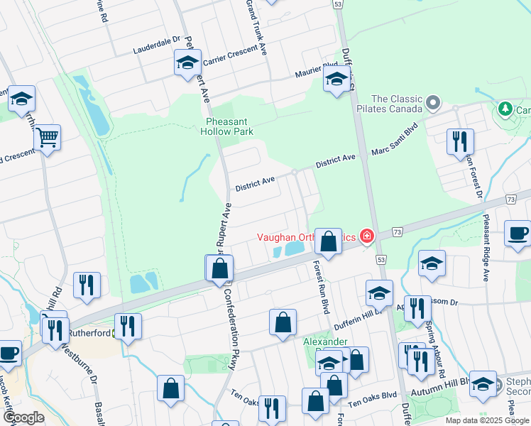 map of restaurants, bars, coffee shops, grocery stores, and more near in Vaughan
