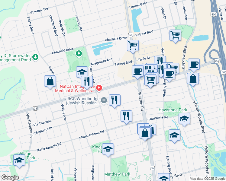 map of restaurants, bars, coffee shops, grocery stores, and more near 56 Coranto Way in Vaughan