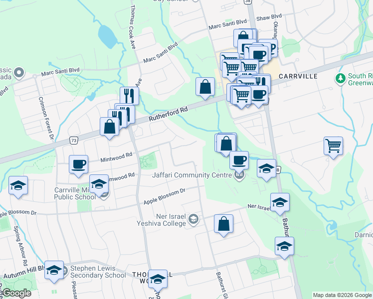 map of restaurants, bars, coffee shops, grocery stores, and more near in Vaughan