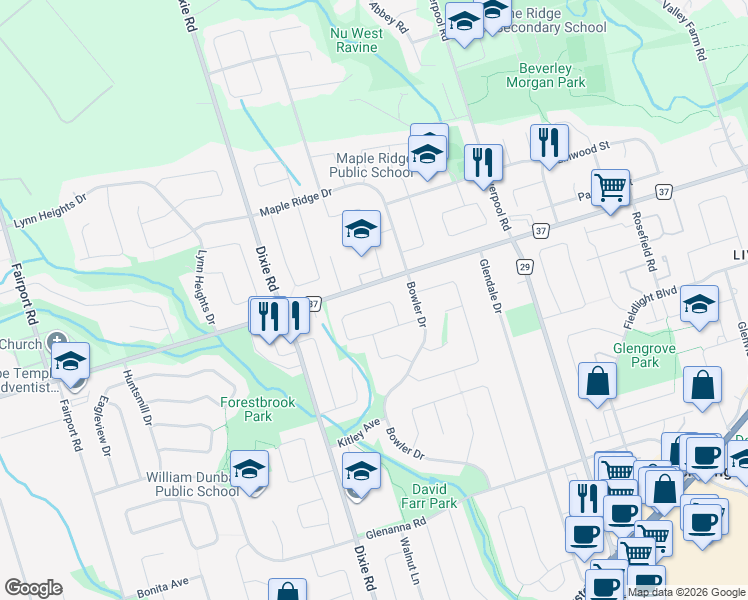map of restaurants, bars, coffee shops, grocery stores, and more near 1209 Gloucester Square in Pickering