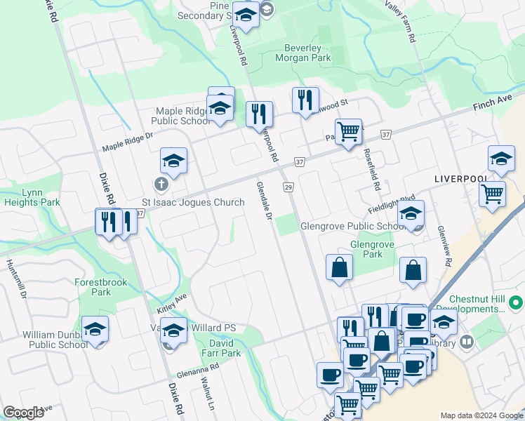 map of restaurants, bars, coffee shops, grocery stores, and more near 1974 Glendale Drive in Pickering