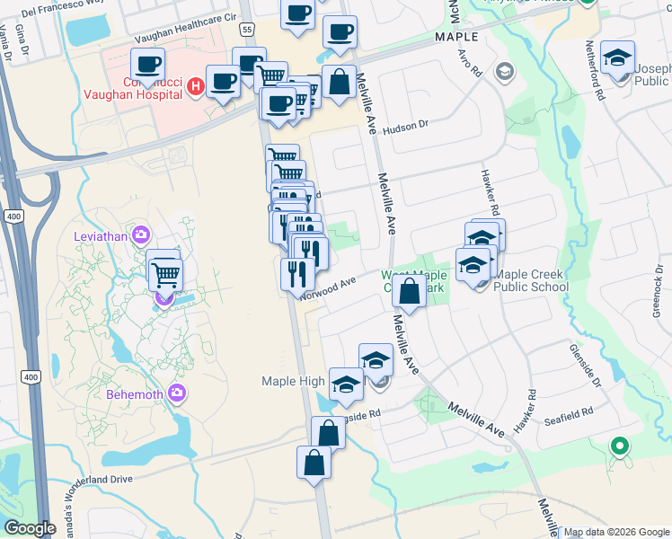 map of restaurants, bars, coffee shops, grocery stores, and more near 25 Emmitt Road in Vaughan