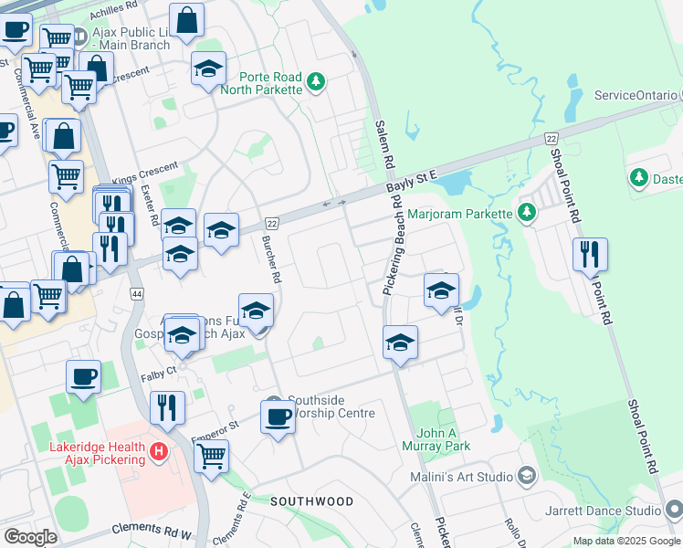 map of restaurants, bars, coffee shops, grocery stores, and more near 4 Thorncroft Crescent in Ajax
