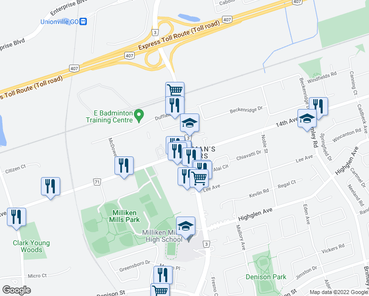 map of restaurants, bars, coffee shops, grocery stores, and more near 7768 Kennedy Road in Markham
