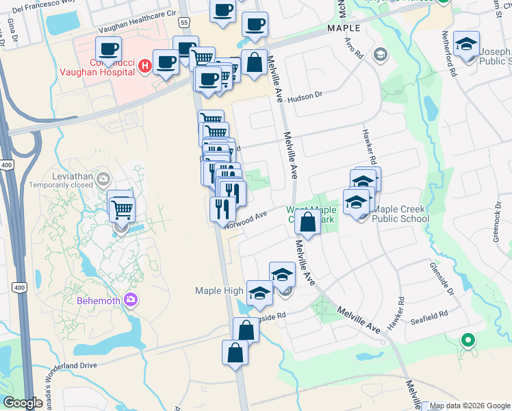 map of restaurants, bars, coffee shops, grocery stores, and more near 56 Norwood Avenue in Vaughan