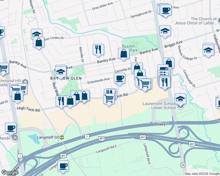 map of restaurants, bars, coffee shops, grocery stores, and more near 26 Holmwood Street in Richmond Hill