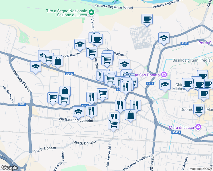 map of restaurants, bars, coffee shops, grocery stores, and more near 218 Viale Giacomo Puccini in Lucca
