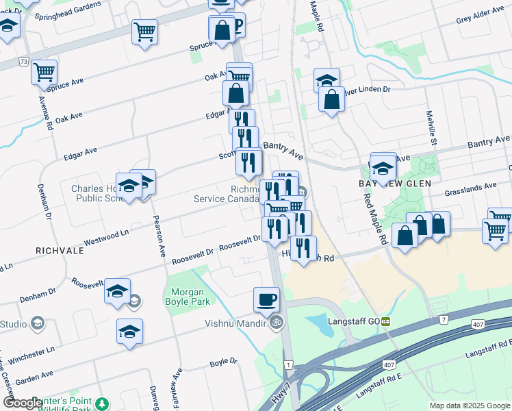 map of restaurants, bars, coffee shops, grocery stores, and more near 8888 Yonge Street in Richmond Hill